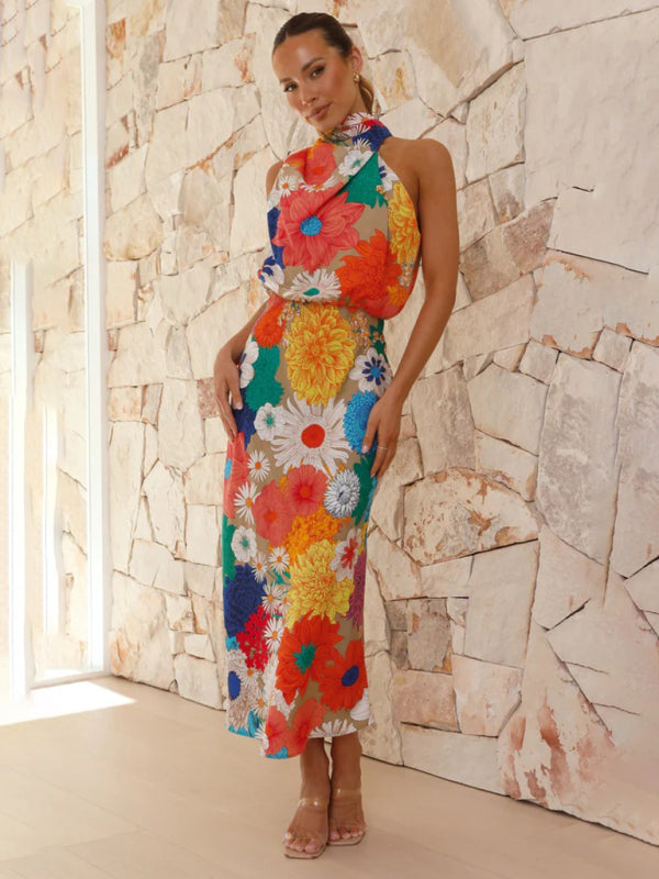 Amsoin PrintedHalter Neck Sleeveless Waist Dress