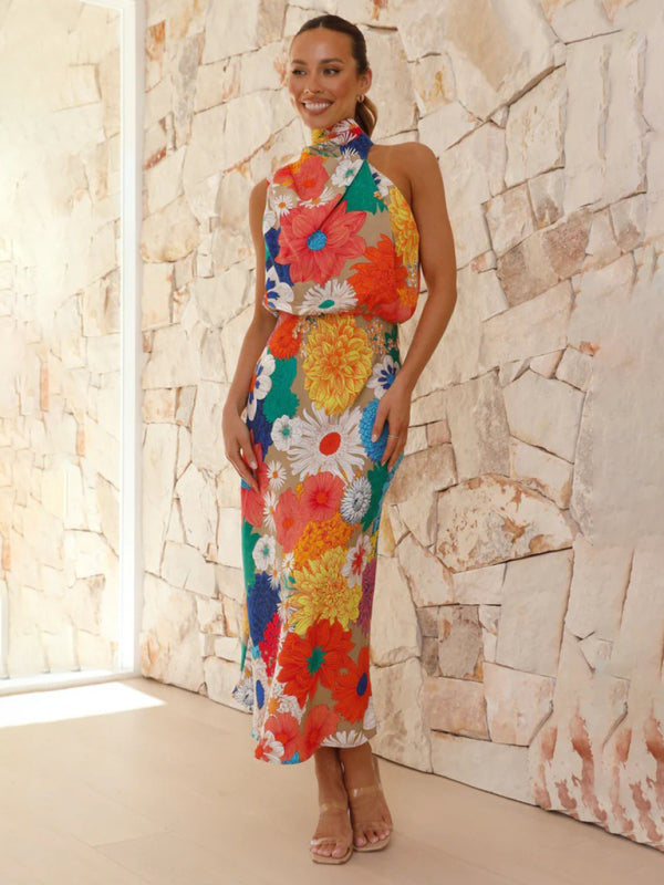 Amsoin PrintedHalter Neck Sleeveless Waist Dress