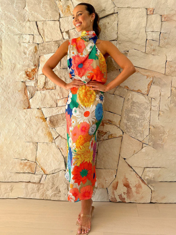 Amsoin PrintedHalter Neck Sleeveless Waist Dress