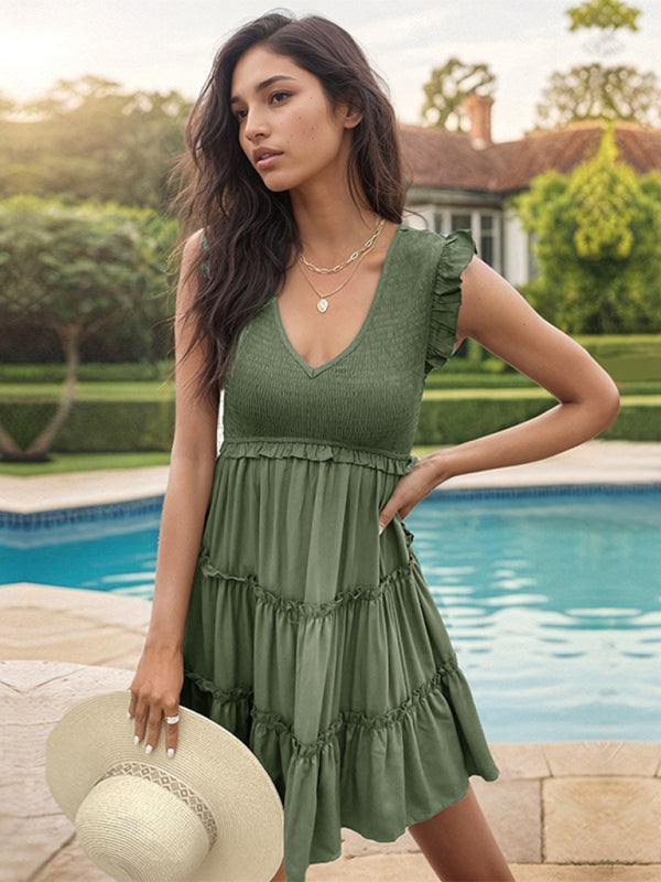 Amsoin Solid Color V-neck Ruffle Dress