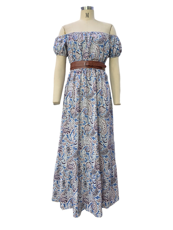 Amsoin Boat Neck Short Sleeve Bohemian Dress