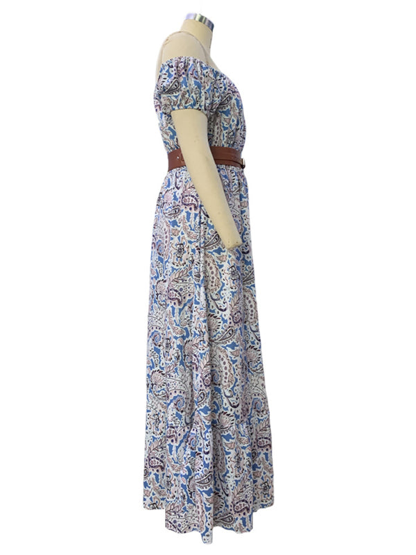 Amsoin Boat Neck Short Sleeve Bohemian Dress