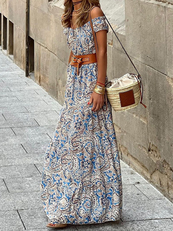 Amsoin Boat Neck Short Sleeve Bohemian Dress