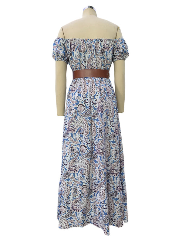Amsoin Boat Neck Short Sleeve Bohemian Dress
