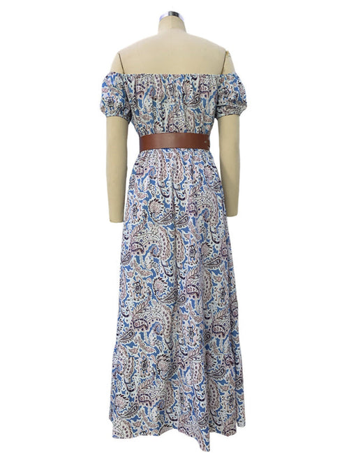 Amsoin Boat Neck Short Sleeve Bohemian Dress
