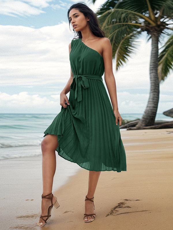 Amsoin Solid Color Slope Neck Off-shoulder Dress