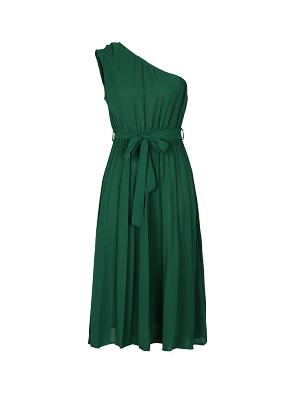 Amsoin Solid Color Slope Neck Off-shoulder Dress