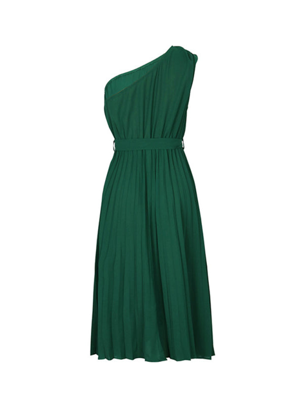 Amsoin Solid Color Slope Neck Off-shoulder Dress