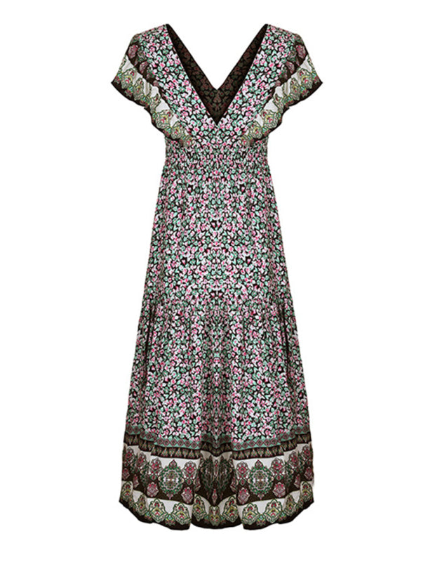 Amsoin ruffled v-neck temperament printed dress