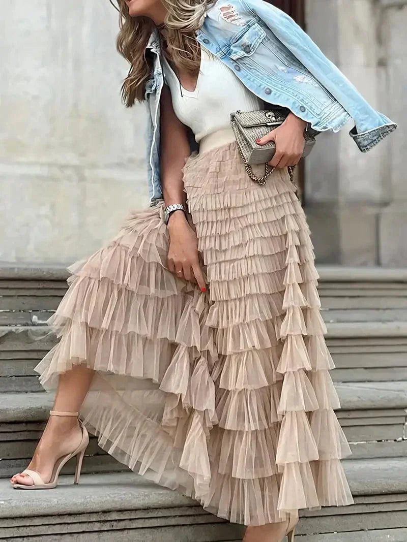 Boho Solid Mesh Layered Hem High Waist Maxi Dress