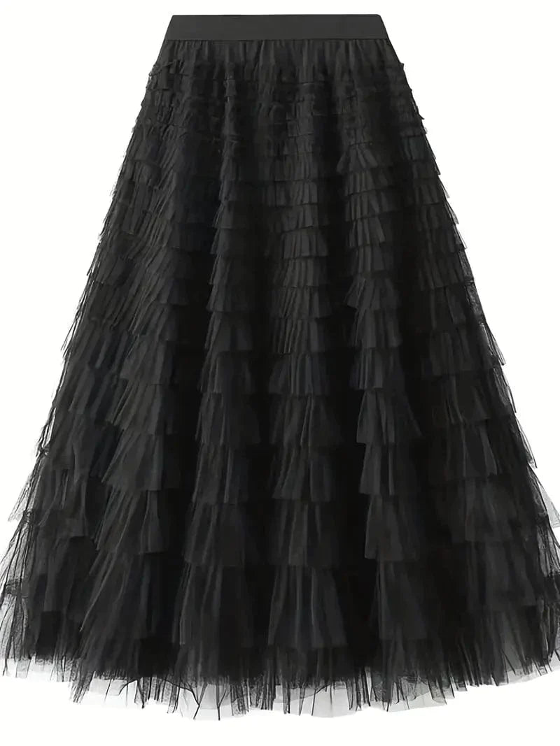 Boho Solid Mesh Layered Hem High Waist Maxi Dress