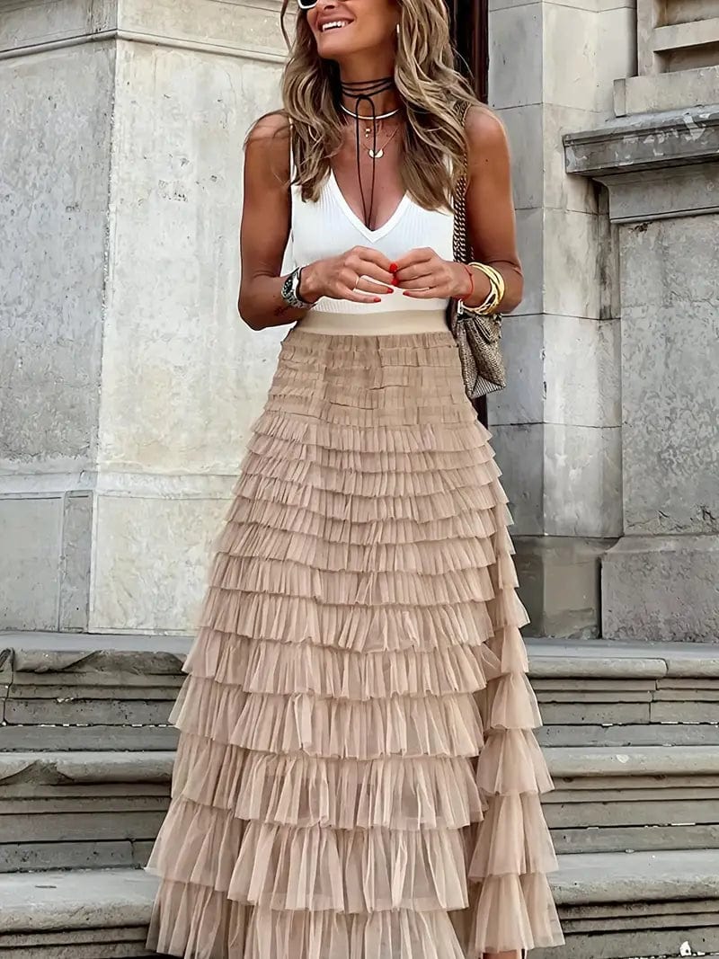 Boho Solid Mesh Layered Hem High Waist Maxi Dress