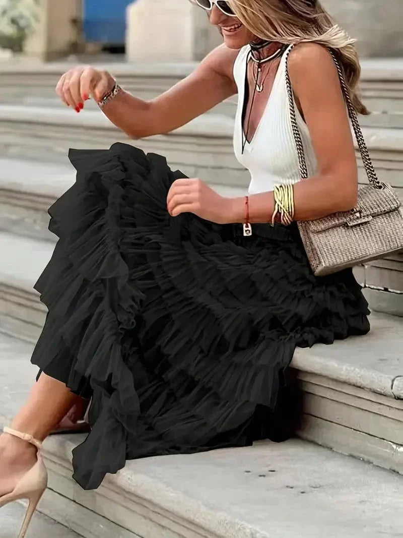 Boho Solid Mesh Layered Hem High Waist Maxi Dress