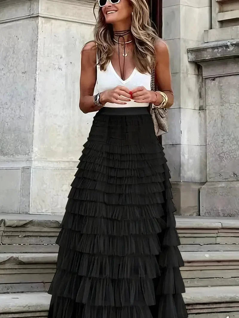 Boho Solid Mesh Layered Hem High Waist Maxi Dress