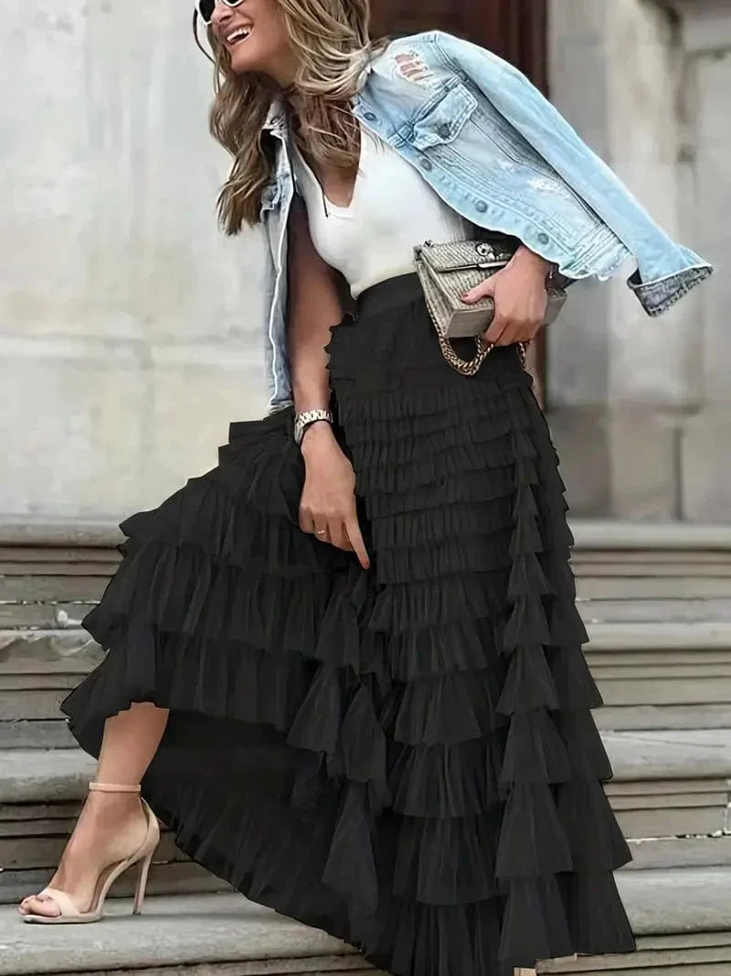 Boho Solid Mesh Layered Hem High Waist Maxi Dress