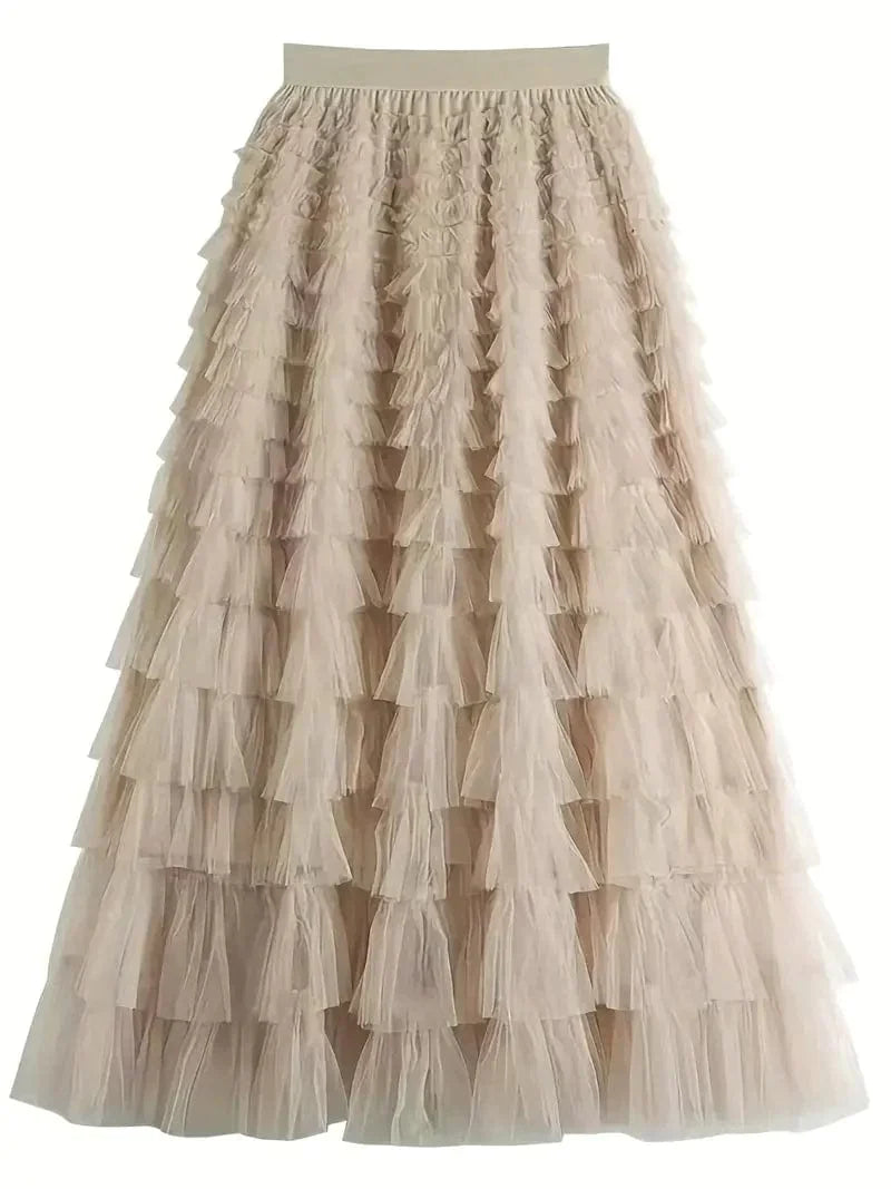 Boho Solid Mesh Layered Hem High Waist Maxi Dress