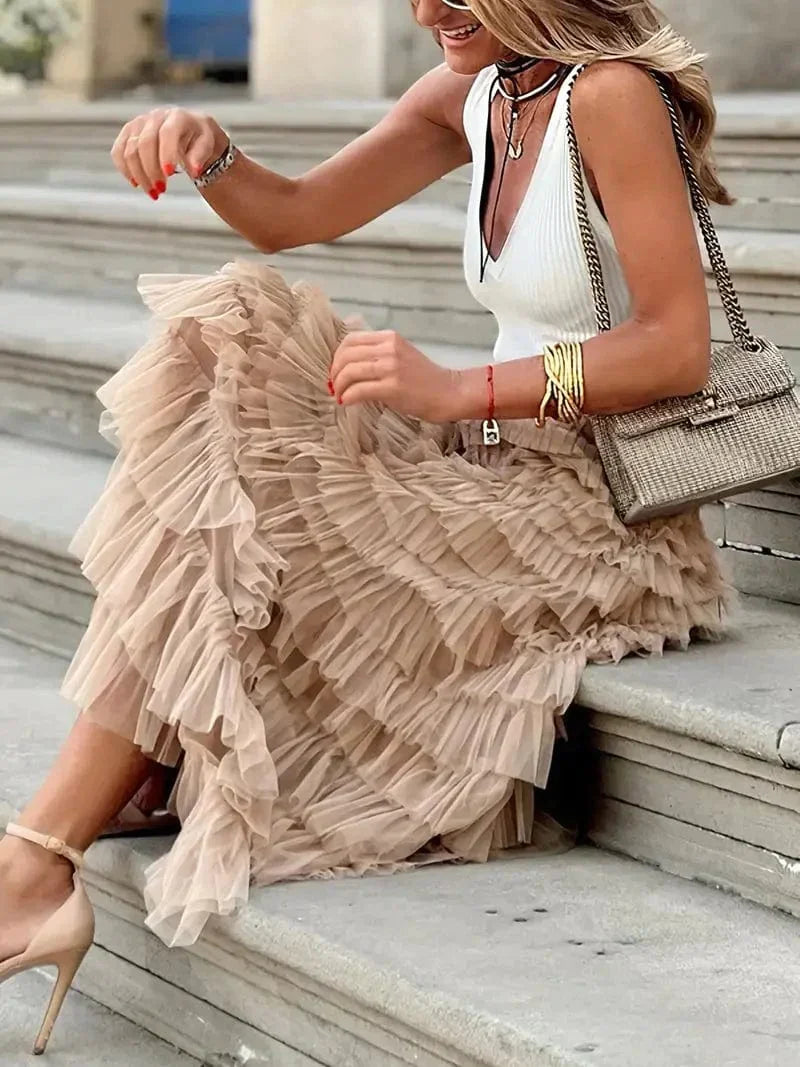 Boho Solid Mesh Layered Hem High Waist Maxi Dress