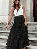 Boho Solid Mesh Layered Hem High Waist Maxi Dress