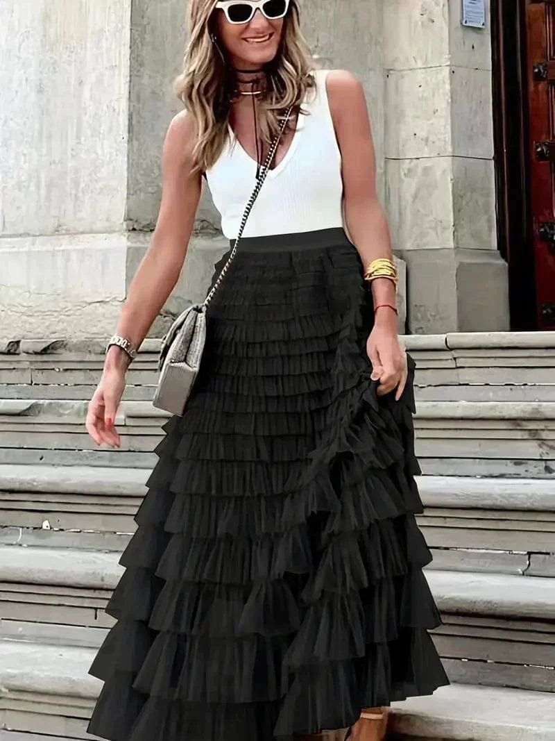 Boho Solid Mesh Layered Hem High Waist Maxi Dress