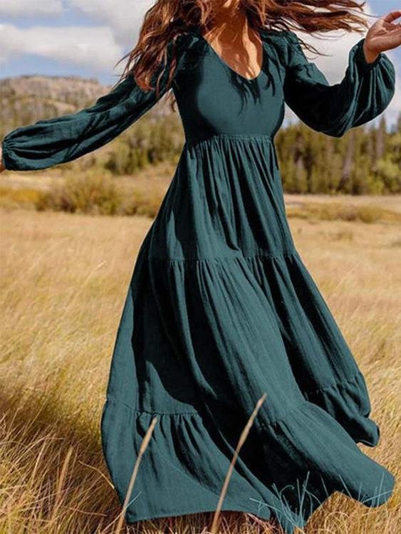 Amsoin V-Neck Long Sleeve Flowy Dress