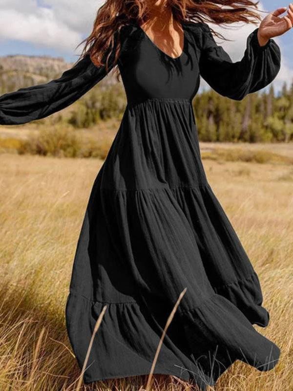 Amsoin V-Neck Long Sleeve Flowy Dress