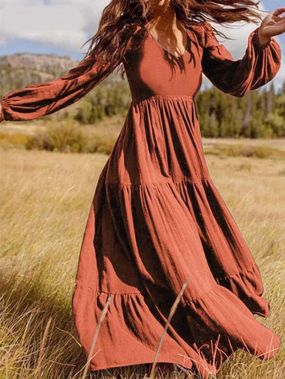 Amsoin V-Neck Long Sleeve Flowy Dress