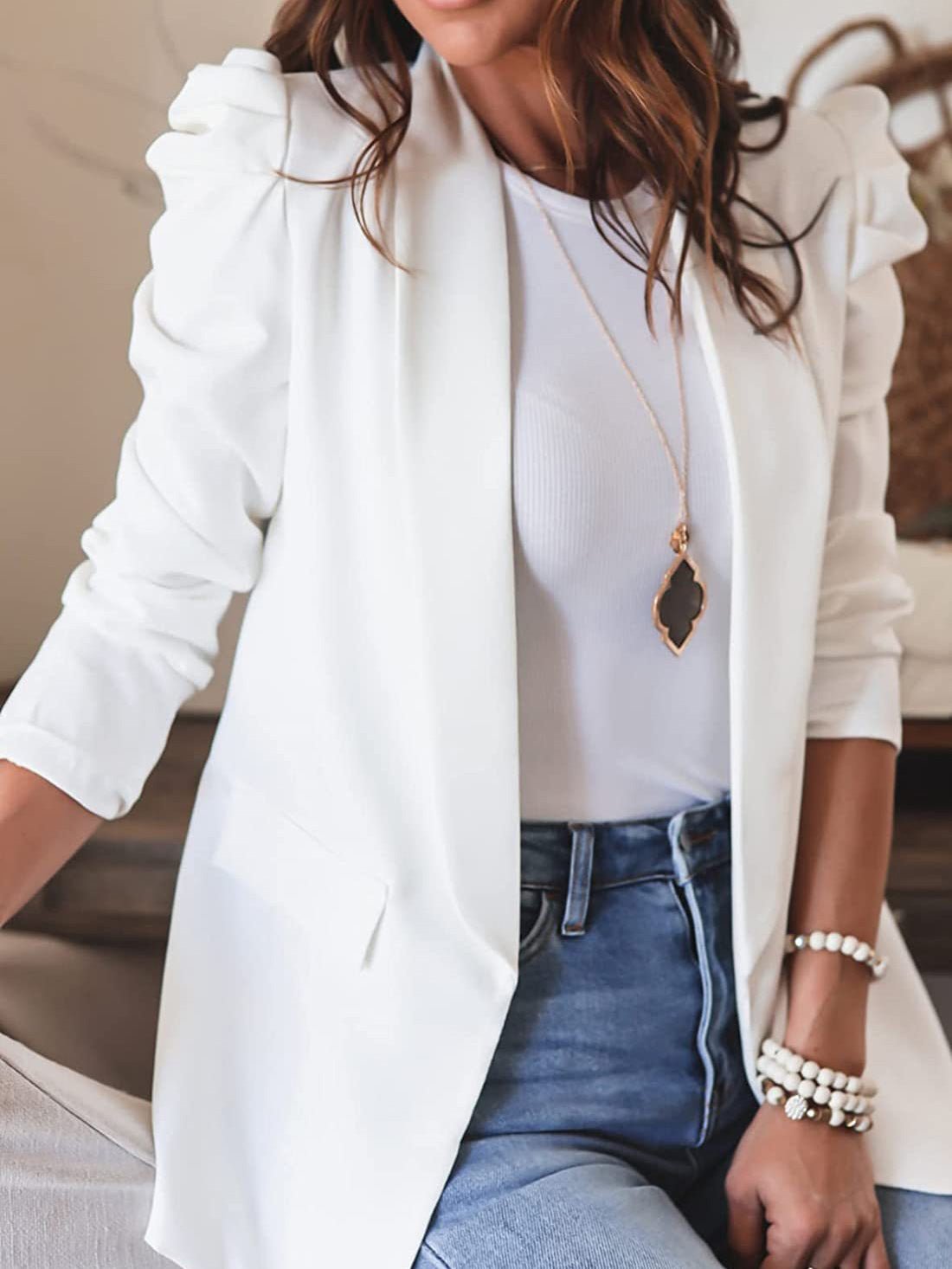 Amsoin Solid Lapel Long Sleeve Blazer