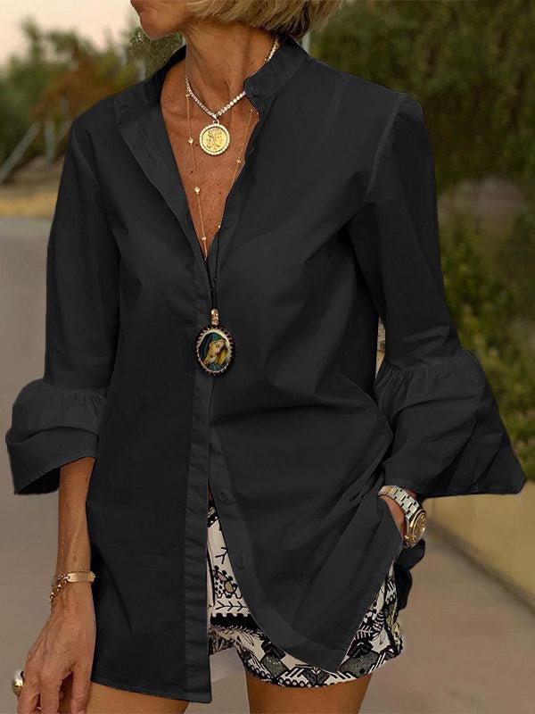 Amsoin Casual Solid Flare Sleeve Blouse