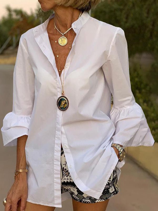 Amsoin Casual Solid Flare Sleeve Blouse