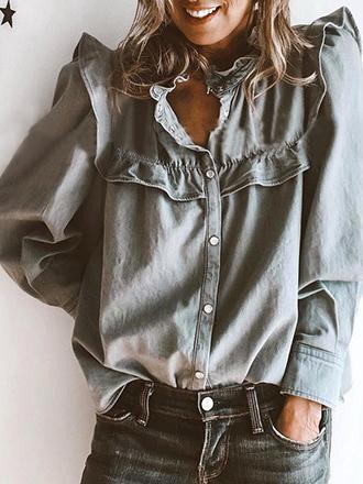 Amsoin Doll Collar Long Sleeve Button Denim Blouse