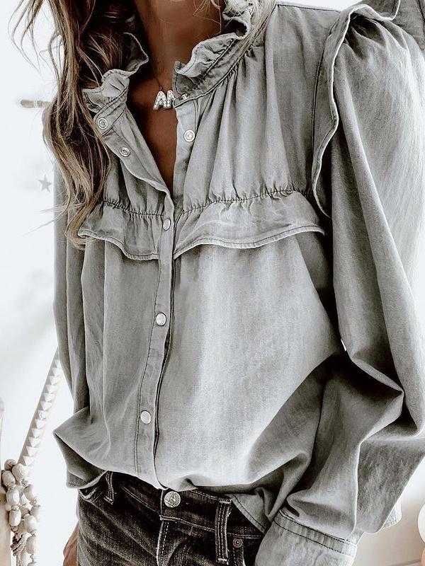 Amsoin Doll Collar Long Sleeve Button Denim Blouse