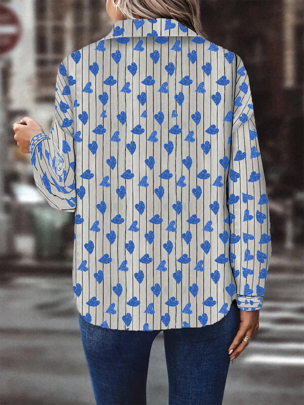 Amsoin Heart Printed Single Breasted Long Sleeve Blouse