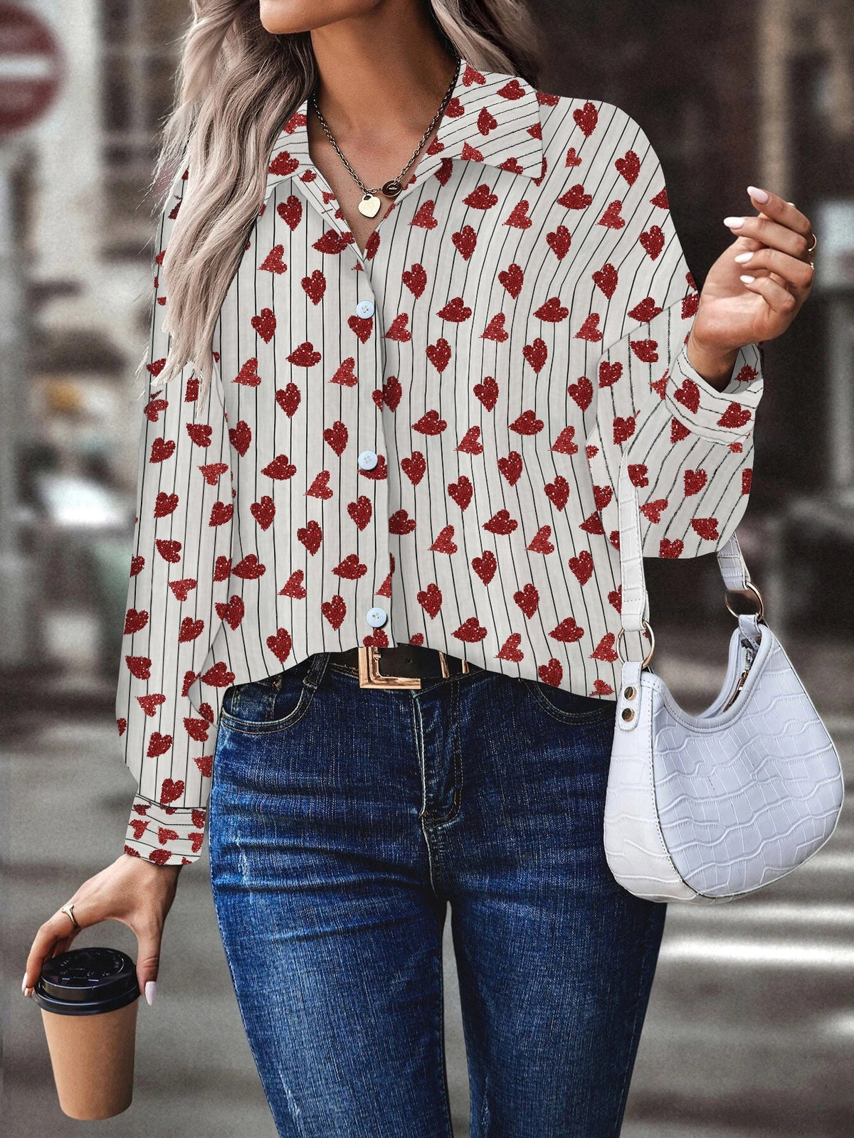 Amsoin Heart Printed Single Breasted Long Sleeve Blouse