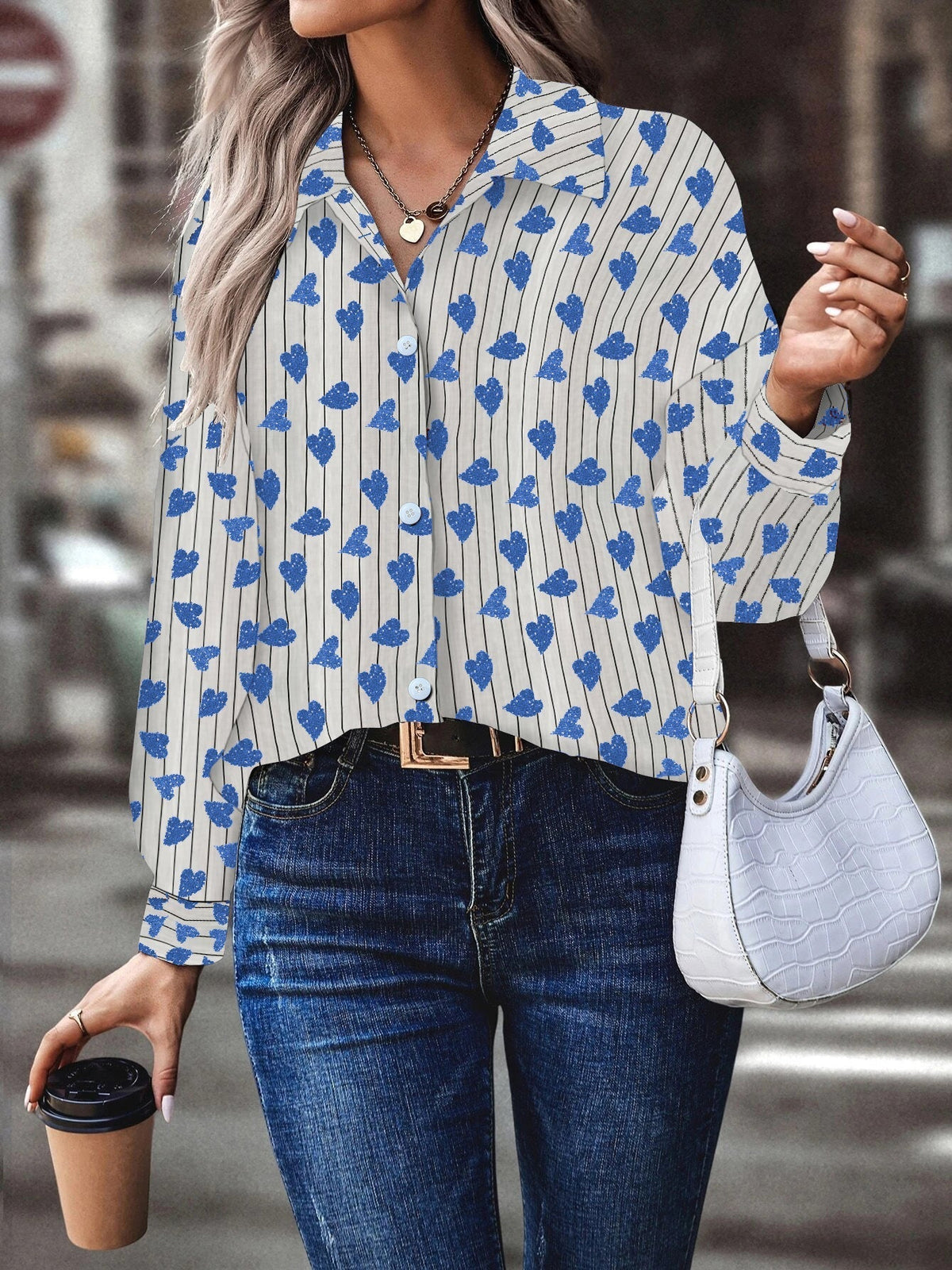 Amsoin Heart Printed Single Breasted Long Sleeve Blouse