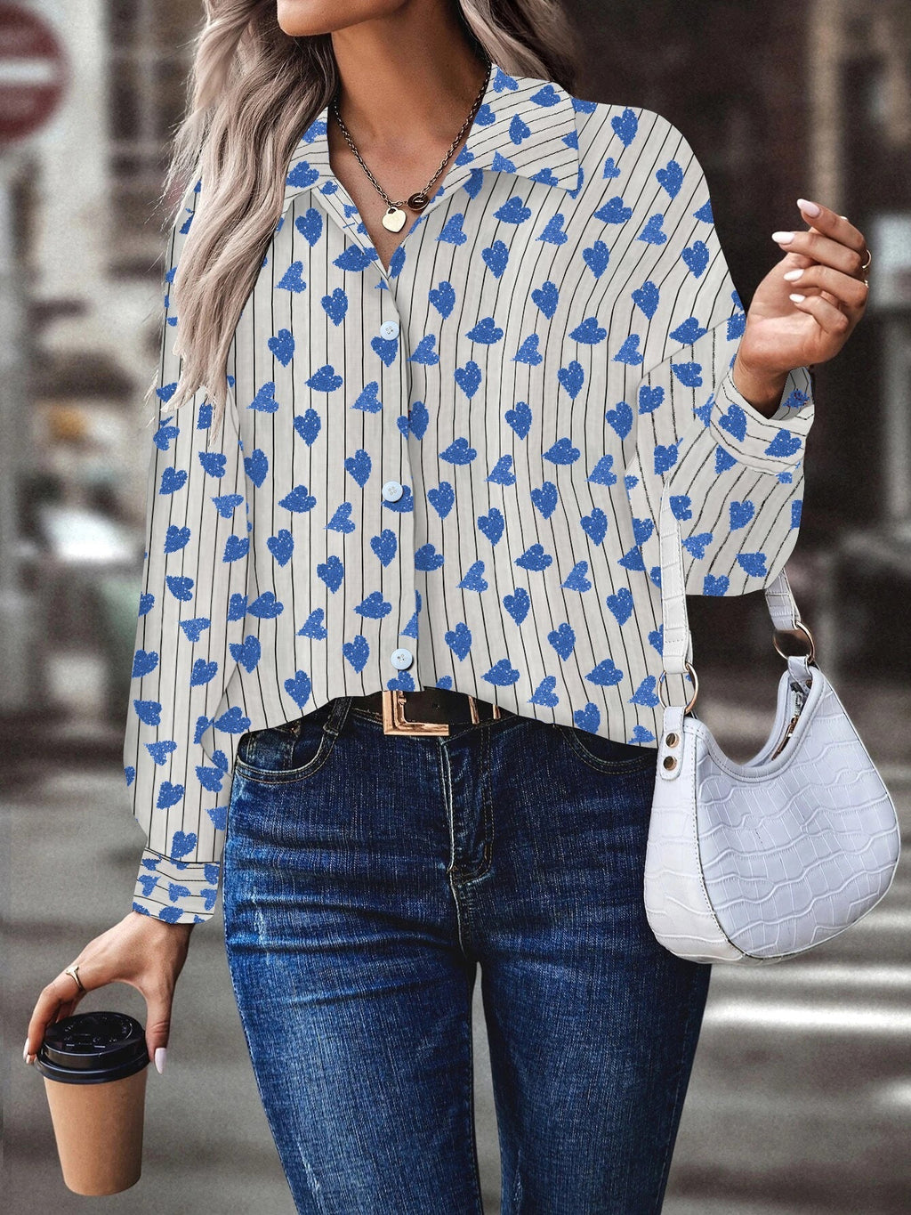 Amsoin Heart Printed Single Breasted Long Sleeve Blouse
