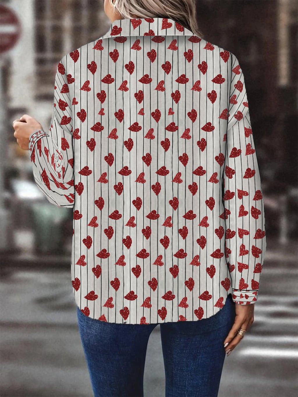 Amsoin Heart Printed Single Breasted Long Sleeve Blouse