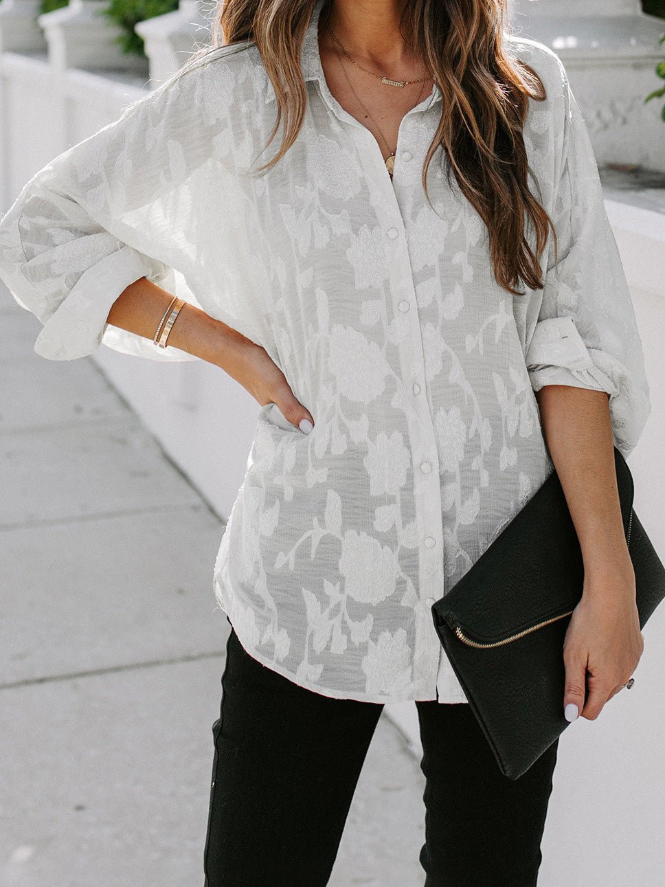 Amsoin Printed Button Long Sleeve Casual Blouse