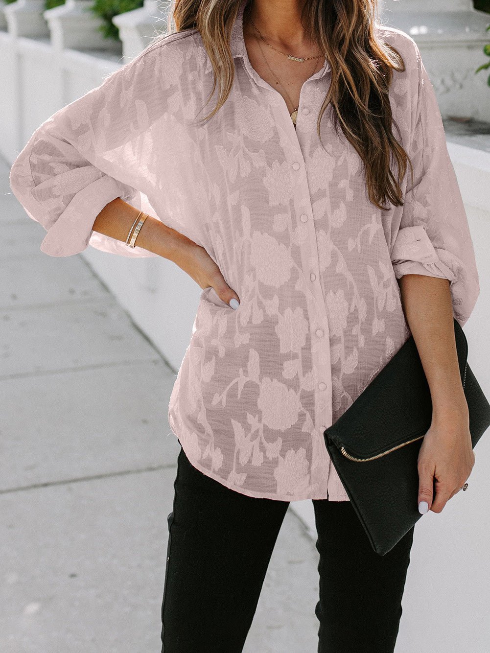 Amsoin Printed Button Long Sleeve Casual Blouse
