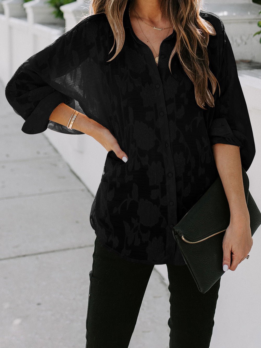 Amsoin Printed Button Long Sleeve Casual Blouse