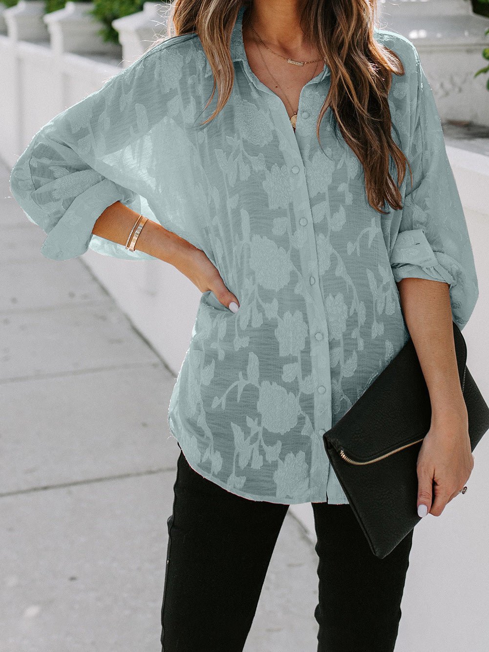 Amsoin Printed Button Long Sleeve Casual Blouse