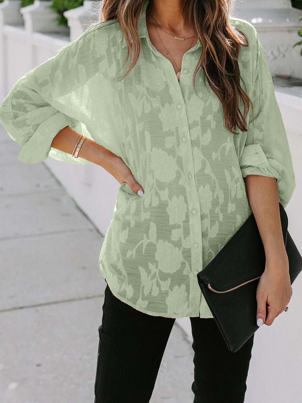 Amsoin Printed Button Long Sleeve Casual Blouse