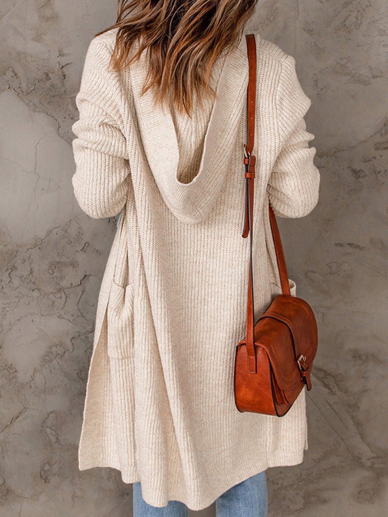 Amsoin Solid Mid Length Long Sleeve Hooded Sweater Cardigan