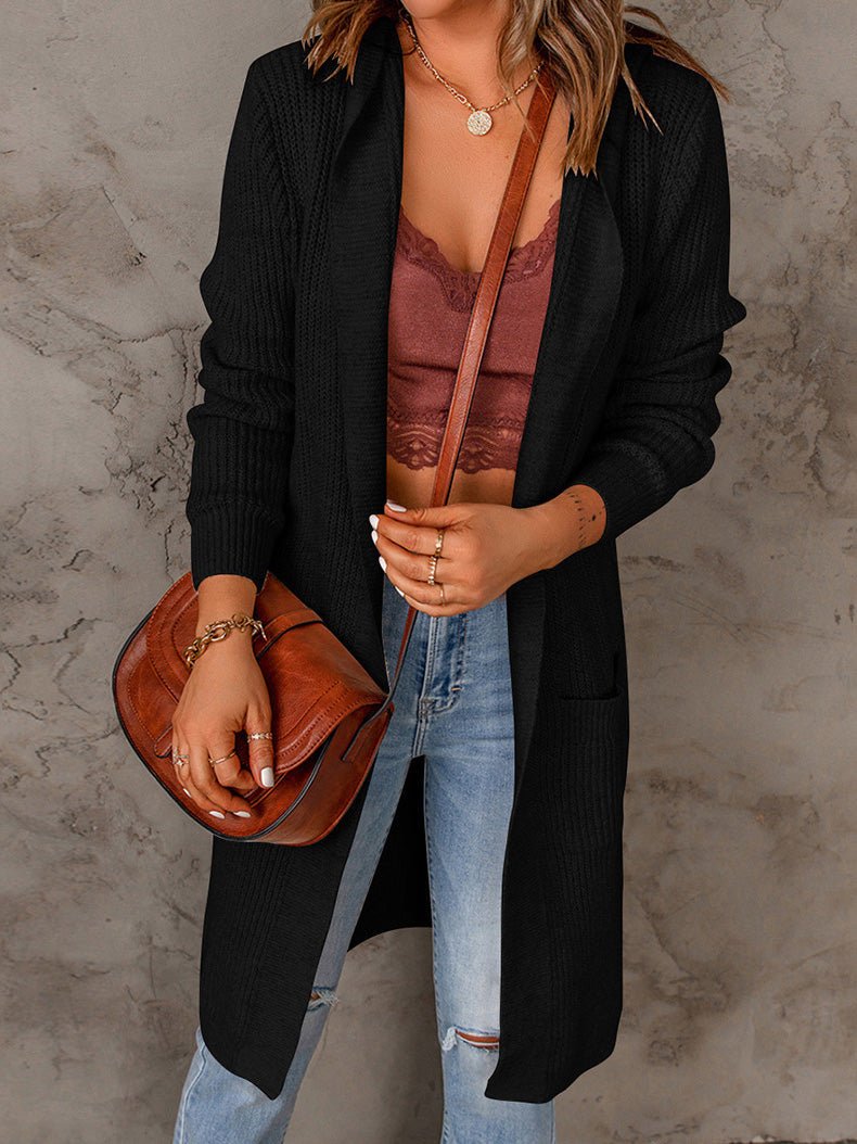 Amsoin Solid Mid Length Long Sleeve Hooded Sweater Cardigan