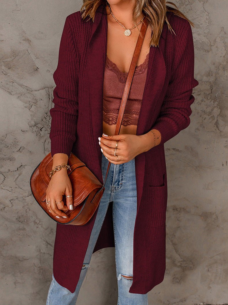 Amsoin Solid Mid Length Long Sleeve Hooded Sweater Cardigan