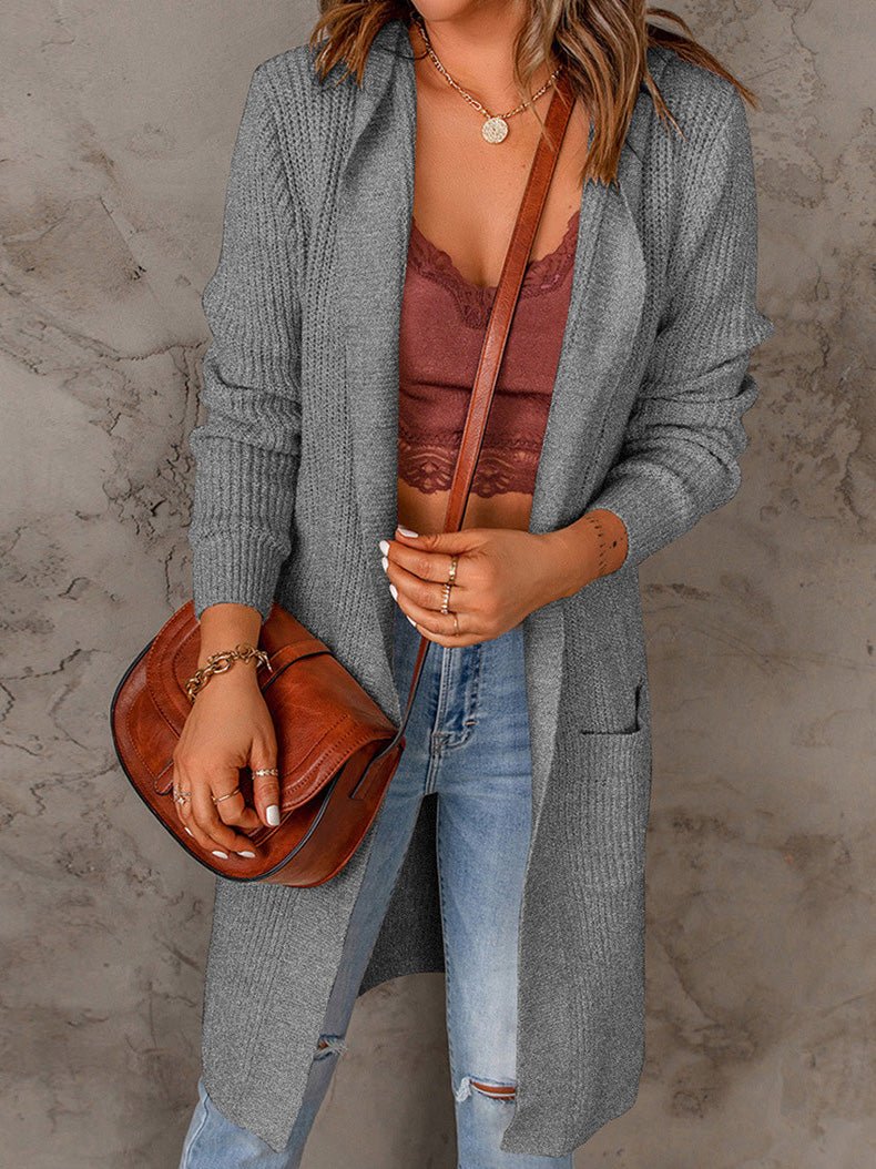 Amsoin Solid Mid Length Long Sleeve Hooded Sweater Cardigan