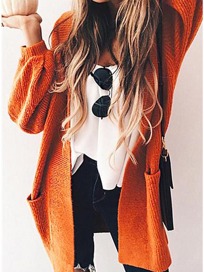 Amsoin Solid Pocket Long Sleeve Knitted Cardigan