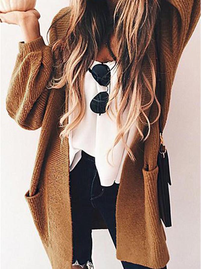 Amsoin Solid Pocket Long Sleeve Knitted Cardigan