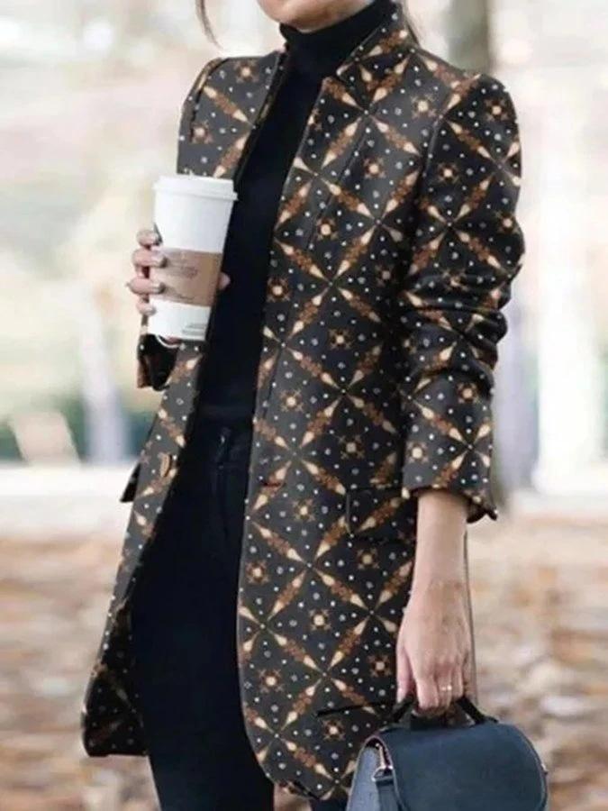 Amsoin Fashion Printed Stand-Collar Woolen Coat