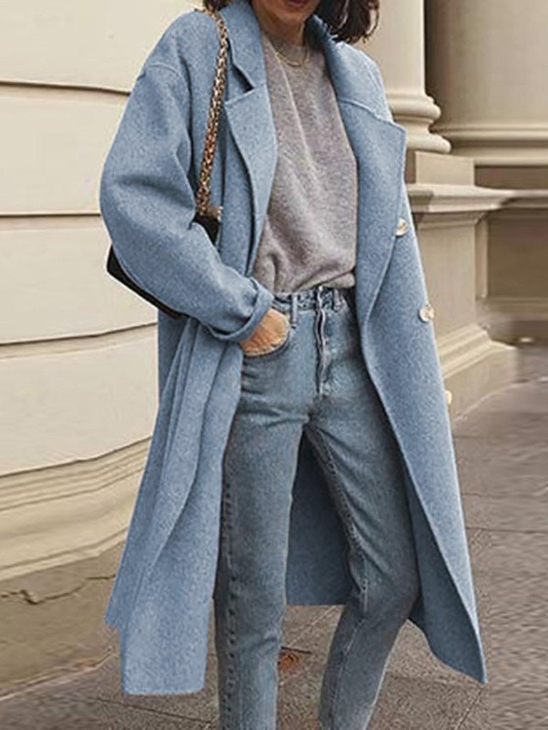 Amsoin Lapel Double Breasted Wool Long Coats