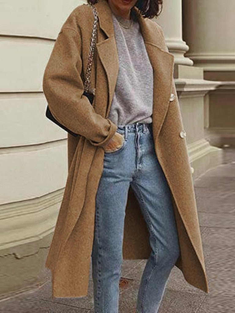 Amsoin Lapel Double Breasted Wool Long Coats